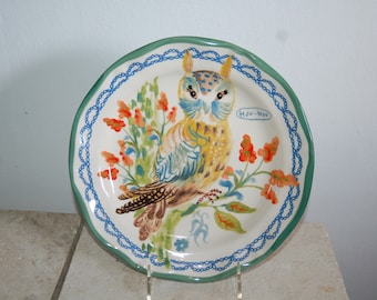Rare Anthropomorphic Nathalie Lete Art Pottery Light Hou Hou Owl Themed Animal Motif 10" Plate ~ Gently Used ~ Fun Nature Bird Lover China