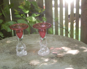 Pair Matthew Buechner of Thames Glass Signed Art Glass Candlesticks ~ Signed Pair Matthew Buechner of Thames Glass Company in Rhode Island