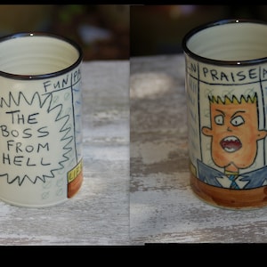 Tom Edwards Pottery The Boss From Hell Porcelain Art Pottery Mug Wallyware Wally Ware Comic 1990's Excellent Condition image 1