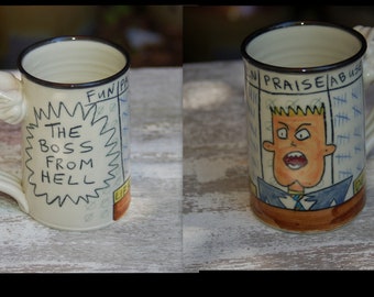 Tom Edwards Pottery "The Boss From Hell" Porcelain Art Pottery Mug ~ Wallyware ~ Wally Ware ~ Comic ~ 1990's ~ Excellent Condition