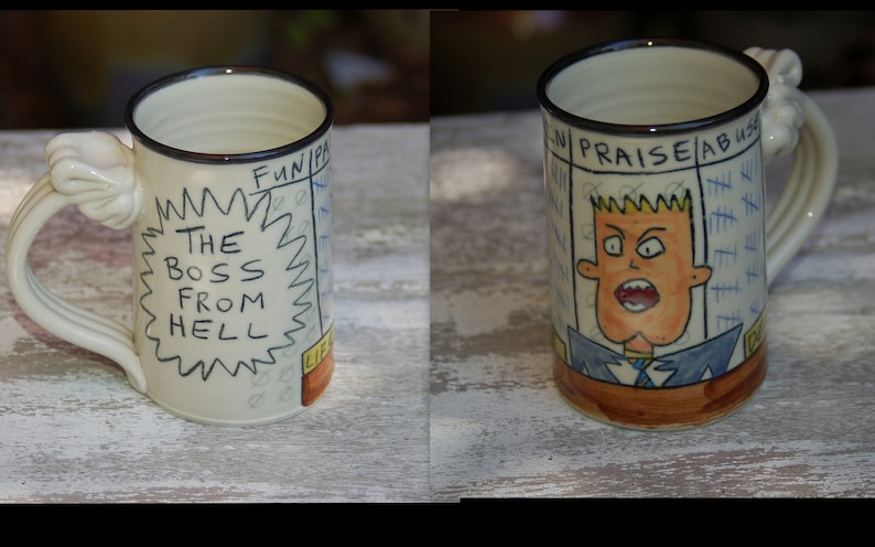 Tom Edwards Pottery The Boss From Hell Porcelain Art Pottery Mug Wallyware Wally Ware Comic 1990's Excellent Condition image 1