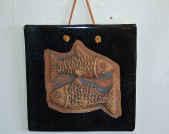 Stoneware Sculpture Swimming Fish Pair w/ Indigo Glazed Garden Art Tile / Plaque ~ Beach, Seaside, Home & Garden Art Tile ~ Pacific NW