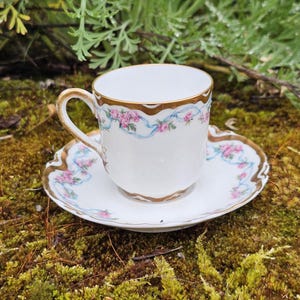 Made Exclusively for Bailey Banks & Biddle Haviland France Pink Rose and Blue Ribbon Demitasse Cup and Saucer