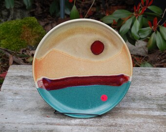 Walt Glass (1943-2016) Studio Art Pottery 11 3/8" Dinner Plate ~Texas Sunset w 4 Color, Drip Glaze, Terracotta, Teal & Magenta over Sand #1