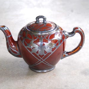 Art Nouveau Lenox, Dark Chocolate Ceramic Teapot w Daffodils / Orchid Sterling Silver Overlay, Lenox Teapot Art Nouveau Sterling Overlay