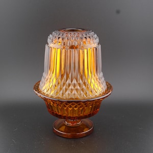 Vtg Indiana Glass Amber Flared Base Diamond Point 2 pc Pedestal Fairy Lamp in EUC, Vtg Indiana Glass Amber Diamond Point Fairy Light, EUC