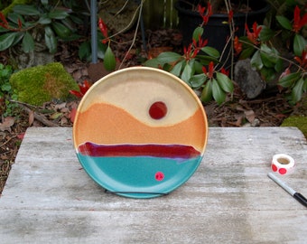 Walt Glass (1943-2016) Studio Art Pottery 11 3/8" Dinner Plate ~Texas Sunset w 4 Color, Drip Glaze, Terracotta, Teal & Magenta over Sand #2