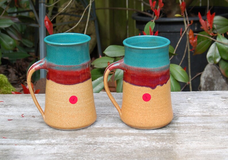 Pair 2 Walt Glass 1943-2016 Studio Art Pottery Rare 44 oz. Tankard, Stein, Giant Mug Texas Sunset Drip Glaze Teal, Magenta, Sand 3 image 1