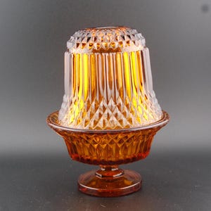 Vintage Indiana Glass Amber Flared Base Diamond Point 2 pc Pedestal Fairy Lamp, Vtg Indiana Glass Amber Diamond Point Fairy Light, EUC