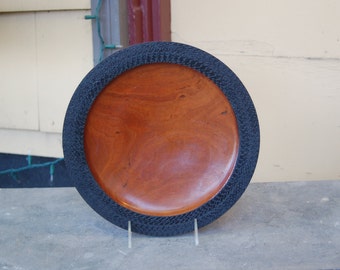 Vince Cleek Australian Red Gum Beautiful Turned Footed 11" Dish / Bowl / Plate with a 1" Blacken Textured Edge ~ Beautiful Turned Plate