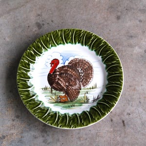 Può includere: Un piatto in ceramica verde e bianco con un'illustrazione di un tacchino marrone e rosso. Il piatto ha un bordo verde decorativo con un motivo a foglie.