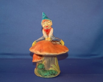 1950's Fairy / Pixie Sitting on a Mushroom with a Caterpillar Friend Smiling Below ~ Garden Ornament ~ Fairy Garden ~ Houseplant Decoration