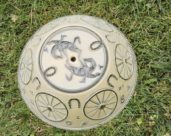 Vtg 1950s Wild Wild West Bucking Bronco Horse, Wagon Wheel Ceiling Light Shade ~ Rare 1940s Western Embossed Glass Ceiling Light Shade ~ EUC