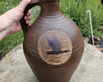 Studio Art Stoneware Pottery, Handled Jug with a Flying Duck Decoration ~ Signed SB 78 ~ Hand Thrown Pottery Jug ~ Rustic Earthy