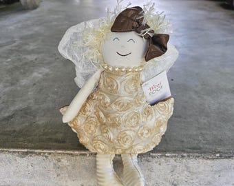 Retired Woof & Poof Cream Rosette Angel Doll Shelf Sitter,  Soft Sculpture Holiday Fairy w Organza Wings, Pearl Necklace and Tag / Button