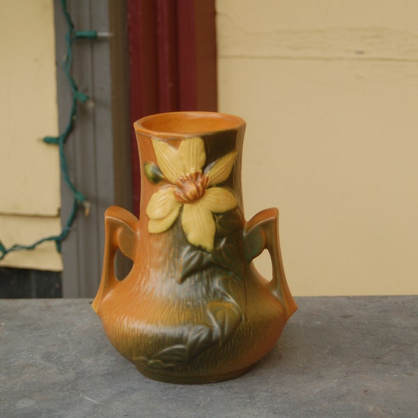 Roseville Pottery, Warm Golden Brown w/ Green Highlights Two Handled Vase Showcasing Yellow Gold Clematis ~ 106-7 ~ Classic 1940's Pottery