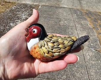 Vintage Artesania Rinconada Bird Figurine, Handcrafted Seed Art Quail Partridge Pottery, Made in Uruguay Clay Animal Sculpture, Signed