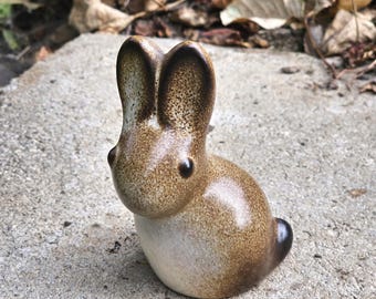 Vtg Howard Pierce Ceramic Bunny Figurine, Mid Century Modern California Art Pottery, Brown Speckled Glossy Glaze Minimalist Sitting Rabbit