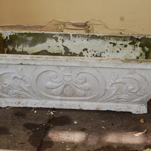 May include: A white concrete planter with ornate scrollwork details. The planter is rectangular with rounded edges and has a slightly weathered appearance.