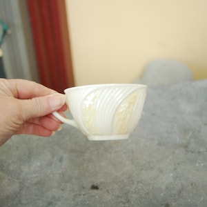 May include: A white ceramic teacup with a delicate floral design. The cup is held in a hand and is ready for a warm beverage.