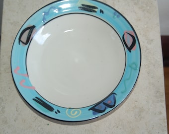 Debra Klausner Postmodern Art Pottery 9" Robin Egg Blue Geometric Textured Frame Large Salad / Soup Bowl~Klausner Colorful 9" Porcelain Bowl