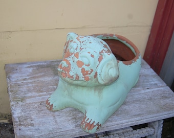 Vintage Lg Chippy Mint Green Painted Mexican Redware / Terra Cotta Resting Dog 23" Garden / Sunroom Planter / Pot Statuary ~ Garden / Path