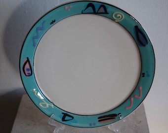 Debra Klausner Postmodern Art Pottery 11" Teal Blue Geometric Textured Frame Dinner Plate ~Klausner Colorful 11" Porcelain Dinner Plate EUC