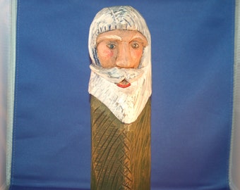 Vintage Primitive Wood Carved Father Christmas signed Jer Jo ~ White Bearded Primitive Folk Art Carved Elder signed Jerjo ~ Primitive Santa