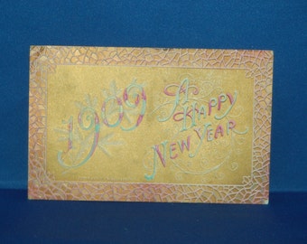 1909 Gold Metallic, Embossed "A Happy New Year" P. Sanders Antique Postcard / Post Card with Fancy Scroll Work ~ Very Good Condition