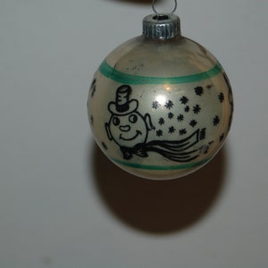 Vintage Shiny Brite Mercury Glass White, Green & Black Stenciled Snowman Christmas Ornament EUC One Stenciled Christmas Ornaments 1950's image 3