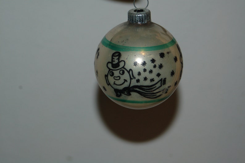 Vintage Shiny Brite Mercury Glass White, Green & Black Stenciled Snowman Christmas Ornament EUC One Stenciled Christmas Ornaments 1950's image 3