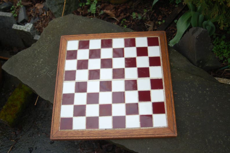 Hand Crafted, Framed, Folk Art, Inlaid Tile, Signed, Dated, Primitive, Chess Board 1954 Signed and Dated Brown & White Tile Chest Board image 1