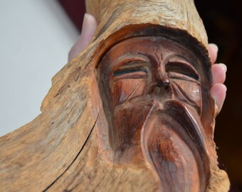Wonderful Large 16" * 9" Windblown Driftwood Spirit Carving ~ Hand-Carved Driftwood Wizard Spirit Carving Wall Hanging ~ Signed