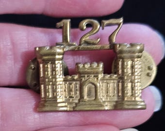 Army Officer's Castle Collar Pin: 127th Engineer Battalion NS Meyers Inc, New York