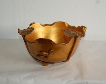 Vtg/ Antiq Gold Gilt Bronze Bowl, Lotus Leaves, Seedpods, Lotus Stems Feet ~ Chōzubachi (手水鉢) ~ Ikebana ~ Water Bowl ~ Offering Bowl ~ Japan