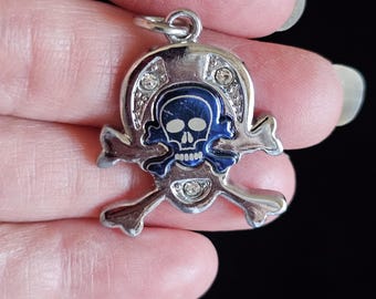 Vintage Gothic Skull and Crossbones Pendant - Blue Enamel & Rhinestone Pirate Charm, Edgy Silver-Tone Biker Unisex Necklace Pendant Only