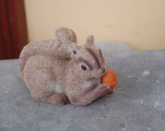 Vintage Fuzzy Flocked Plastic Squirrel / Chipmunk Bank w/ Amber Plastic Eyes and Original Stopper ~ Made in Hong Kong ~ 1960's ~ Excellent