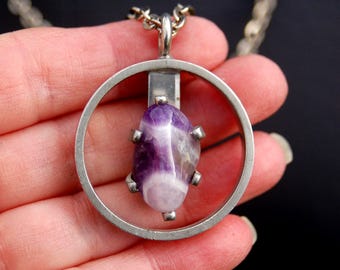 Jorgen Jensen Denmark MCM Caged Amethyst Gemstone 16" Pewter Chain Pendant Necklace ~ Fully Marked