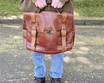 Vintage Naturally Distressed Leather Handled Brown Leather Messenger Bag ~ Leather Briefcase ~ Handled Satchel ~ Laptop Bag for Men/Women