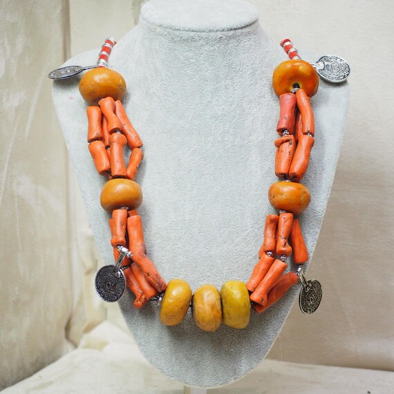 Handmade Tribal Amber Coral Necklace – Chunky Ethnic Statement