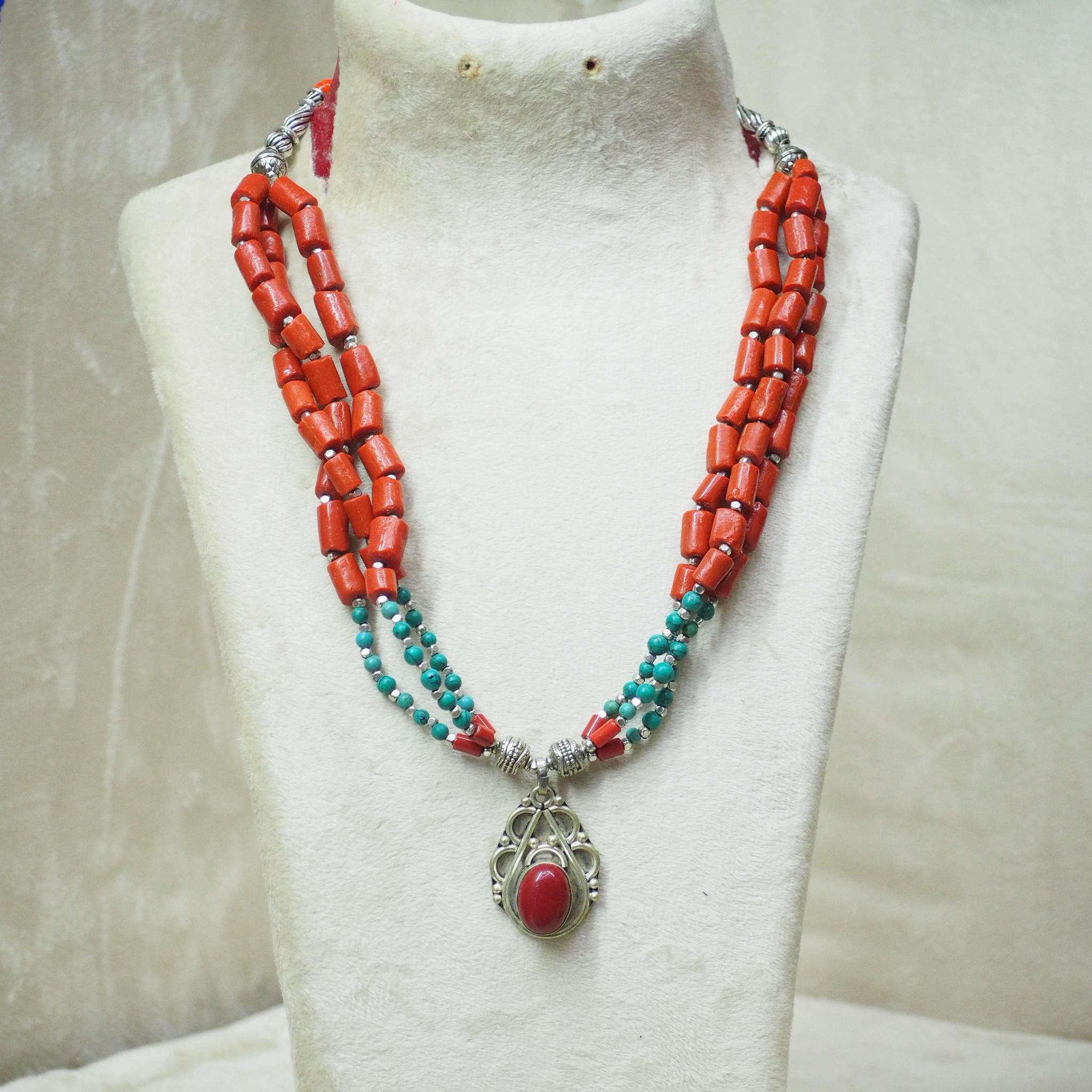 Handmade Coral and Turquoise Necklace – Multi-Strand Boho Statement Jewelry with Ethnic Pendant – Unique Gift for Women & Tribal Style