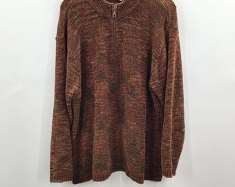 Vintage Womens 2X Chenille Zip Front Sweater Marled Brown Rainbow 1/4 Popover