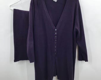 Vintage Women's 26/28 Knit Skirt Suit Set Dark Purple Office Goth Cardigan Sweater