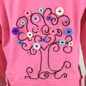 Vintage Upcycled Pink Denim Jacket Hand Embroidered Western Wiccan Tree of Life Women&#39;s 12 14 Y2K OOAK Stretch Gifts for Her Art to Wear