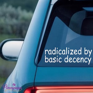 May include: A white vinyl decal on a teal car window with the text "radicalized by basic decency." The car's side mirror is visible on the left. The decal is likely for a car, truck, or SUV.
