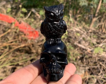 水晶フクロウスカル 3インチ以上の天然オブシディアクォーツ、フクロウ、スカル