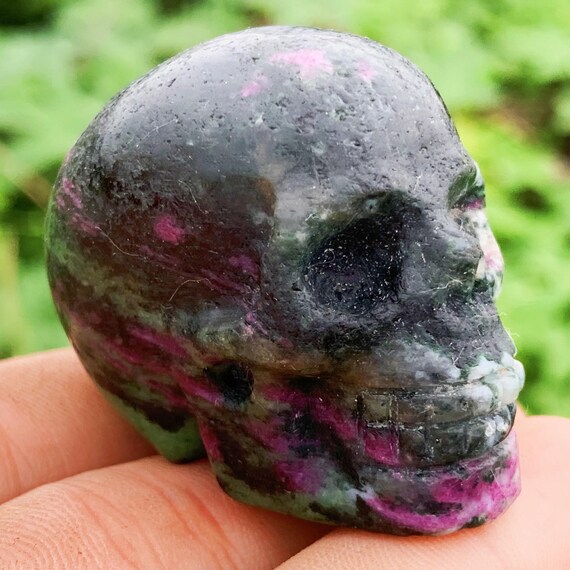 Unique Vibes: 2 Natural Zoisite Crystal Carved Skull Figurines - Green, Red, Black - Healing Crystals