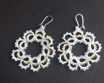 Handmade Tatting Earrings, White Lace, Japanese Glass Beads, Lightweight Statement Jewelry