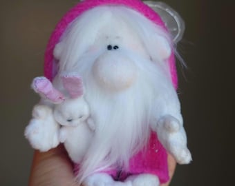 Handmade Plush Gnome with Bunny, Soft Textile Art Doll,  Cozy Home Decor
