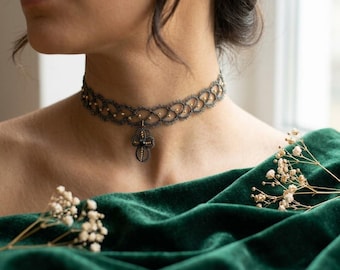 Black Tatting Choker with Gold Beads, Tatted Cross Pendant, Handmade Lace Necklace